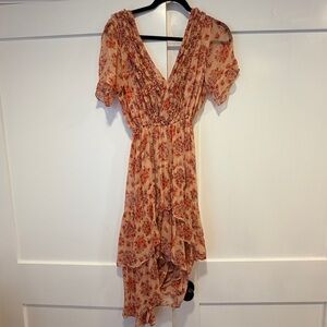 The Kooples Peach Floral High-Low V-Neck Ruffle Dress